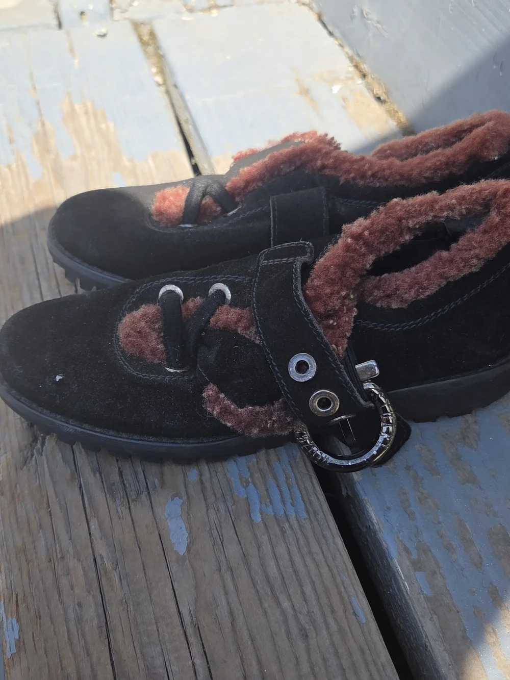 Stuart Weitzman Black Suede Kids Lace-Up Boots with Rust Shearling Trim